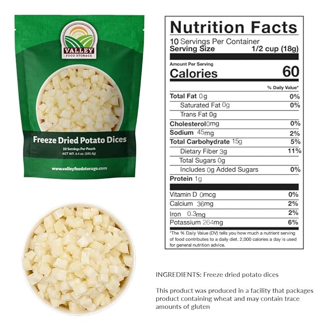 Freeze Dried Diced Potatoes 10-Bag Bucket, 64 Oz | Premium Emergency Food Supply 25 Year Shelf Life | Prepper Supplies, Survival Food, Off Grid Living Supplies | Valley Food Storage Packaged in USA
