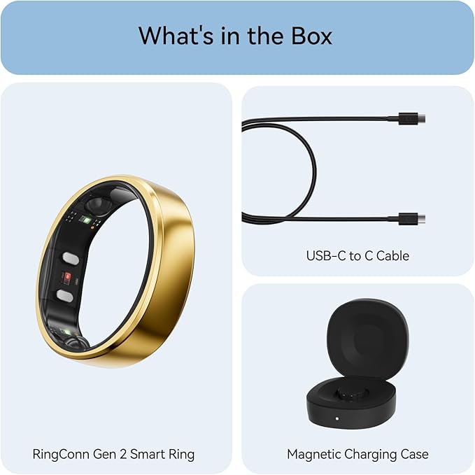 RingConn Gen 2, World’s First Smart Ring with Sleep Apnea Monitoring, No APP Subscription, 12-Day Battery Life, Stress/Heart Rate/Women's Health Tracker, Android & iOS Compatible (Gold, Size 7)