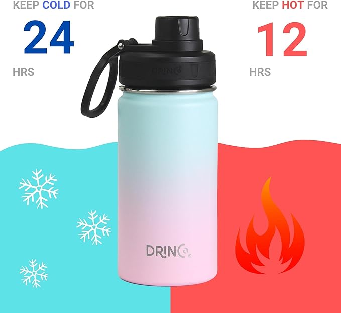 DRINCO Stainless Steel Water Bottle Spout Lid Vacuum Insulated Double Wall Water Bottle Wide Mouth (40oz 32oz 22oz 18oz 14oz) Leak Proof Keeps Cold or Hot (14 oz, 14oz Macaron)