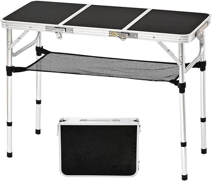 Tri-fold Folding Picnic Table, 3ft Camping Table Lightweight Portable Aluminum Outdoor Table with Adjustable Heights for Backyard BBQ Party