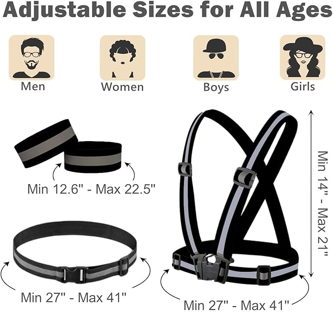Reflective Running Gear Reflective Vest & Reflective Armband & Reflective Belt 3 Pcs Set, High Visibility Reflective Gear Night Cycling Walking Safety Vest Straps for Men Women Kids