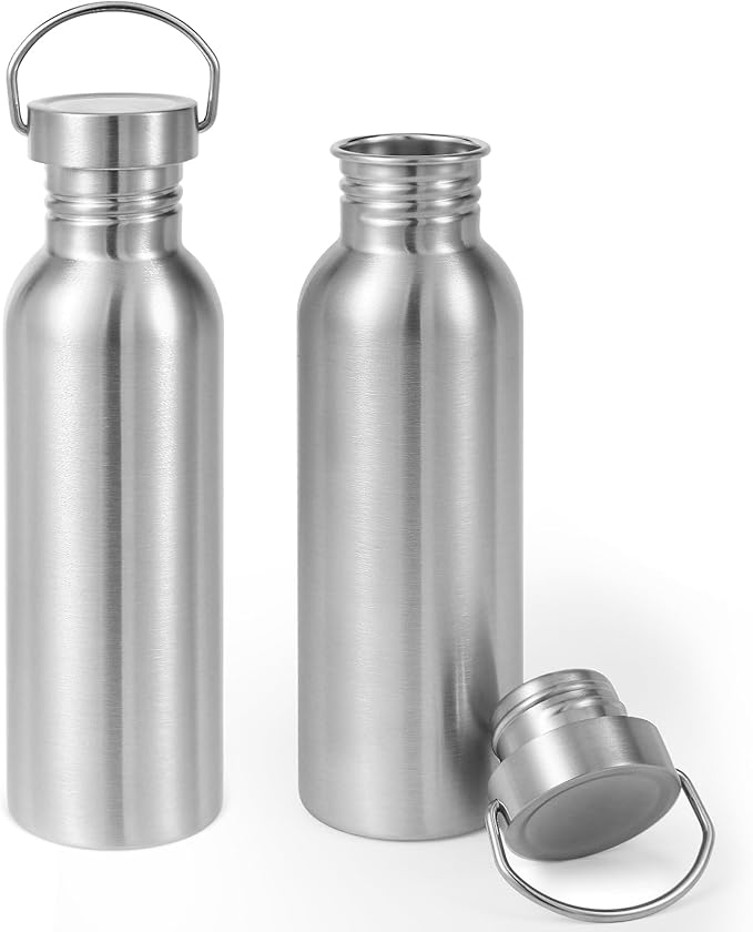 Volhoply 26oz Stainless Steel Water Bottle with Handle 2 Pack,Non Insulated Single Wall, Dishwasher Safe No Plastic 18/8 304 Metal Water Bottles with Wide Mouth for Camping, Hikers, Cyclists