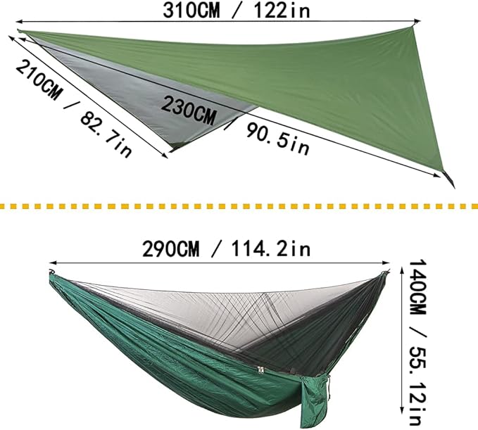 Portable Single Double Nylon High Strength Parachute Hammock Rainfly Set, Camping Hammock with Rain Fly Tarp and Mosquito Net Tent Tree Straps, Backpacking Hiking Travel Yard Outdoor Activities