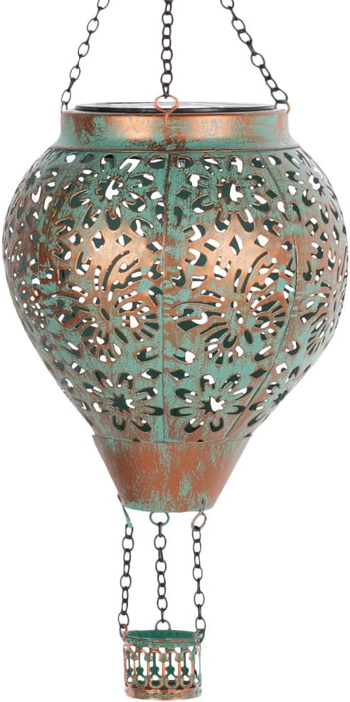 Stargarden Hot Air Balloon Solar Lantern, Butterfly Hollow Out Metal Hot Air Balloon Decorations, Green Hanging Solar Lantern, Waterproof Outdoor Lights for Porch Decor