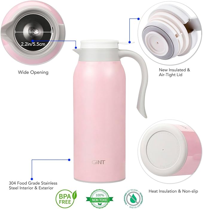 GiNT 51 Oz Stainless Steel Thermal Coffee Carafe, Double Walled Vacuum Insulated Flask, 12 Hour Heat Retention, 1.5 Liter Tea, Water, and Coffee Dispenser (Upgraded version Pink)