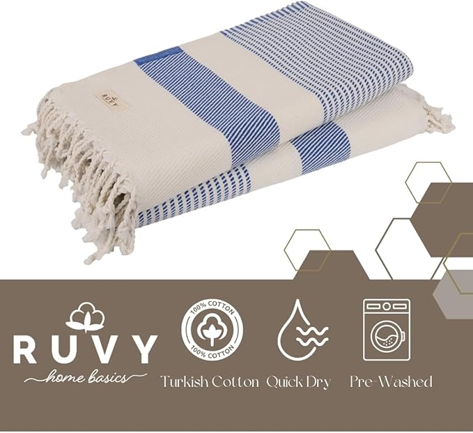 Ruvy Home Basics 2 Pack Turkish Beach Towels – Oversized Quick-Dry Bath Towels (40 x 72 Inches) – 100% Cotton Large Towels for Pool, Yoga, Travel, Camping Essentials, and Bathroom Decor - Navy