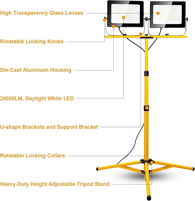 20000 Lumen Work Lights with Stand, 200W Dual Head LED Work Light, Waterproof Lamp with Individual Switch, Adjustable Metal Telescoping Tripod
