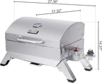 Royal Gourmet GT1001 Stainless Steel Portable Grill, 10000 BTU BBQ Tabletop Gas Grill with Folding Legs and Lockable Lid, Outdoor Camping, Deck and Tailgating, Silver
