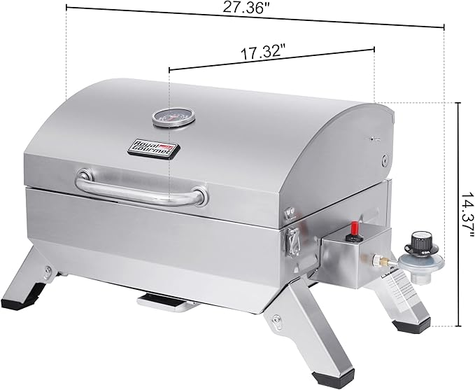 Royal Gourmet GT1001 Stainless Steel Portable Grill, 10000 BTU BBQ Tabletop Gas Grill with Folding Legs and Lockable Lid, Outdoor Camping, Deck and Tailgating, Silver