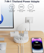 Thailand Power Adapter, Thailand Plug Adapter with 3 American Outlets 4 USB Ports (2 USB-C) Total 24W, Type O Plug Adapter for USA to Thailand, 4FT