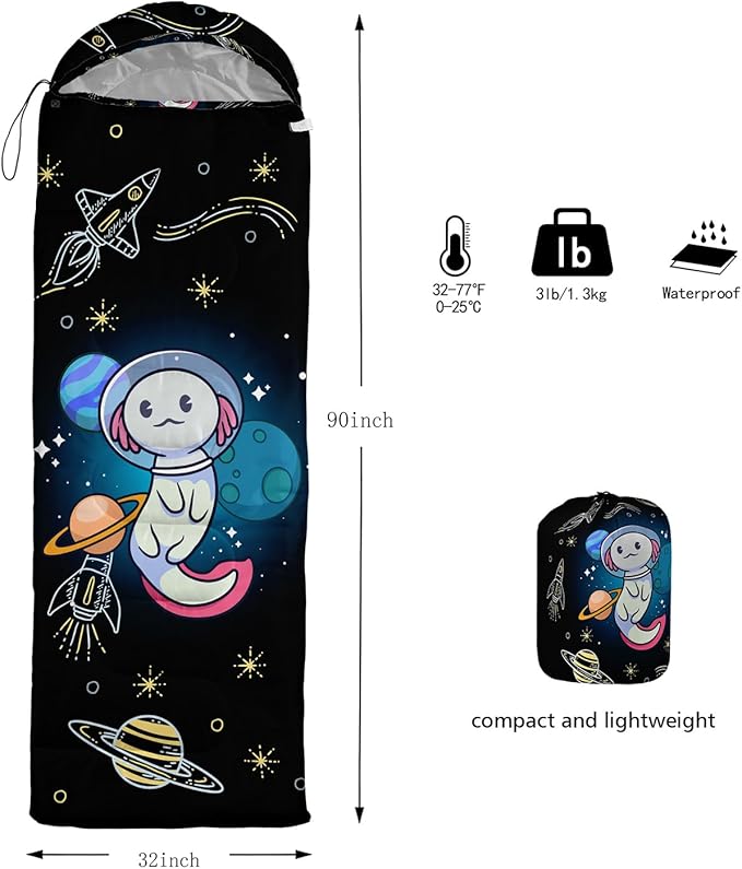 HOSIMA Cartoon Axolotl Sleeping Bags for Kids 10-12,Blue Cartoon Kids Sleeping Bags for Girls Boys,Compact Sleeping Bag for Camping Essentials and Hiking.