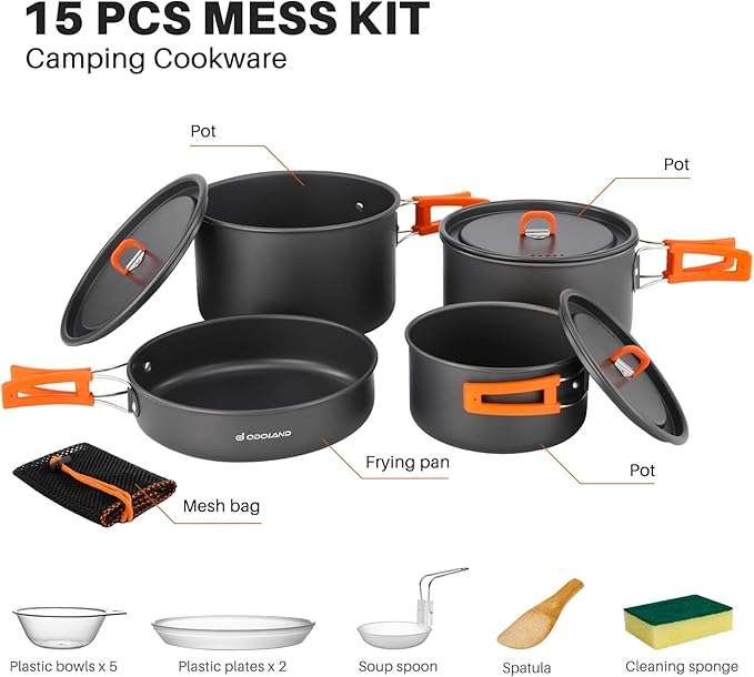 Odoland 15pcs Camping Cookware Non-Stick Lightweight Camping Pots and Pans Set with Plastic Plates Bowls Soup Spoon for Camping, Backpacking, Outdoor Cooking and Picnic