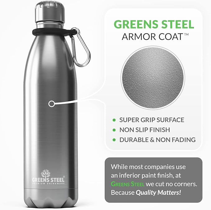 Greens Steel Stainless Steel Water Bottle - 17 oz, Steel | Vacuum Insulated Double Wall with Screw Lid/Leak Proof | Thermal Travel Sports Canteen Coffee Flask
