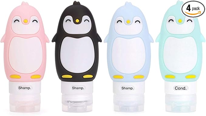 AUTENS Leakproof Silicone Travel Bottles Accessories Set,3oz (90ml) 4 Pack Refillable Cute Penguin Travel Containers for Shampoo,Lotion Sunscreen ect. - TSA Approved & BPA Free