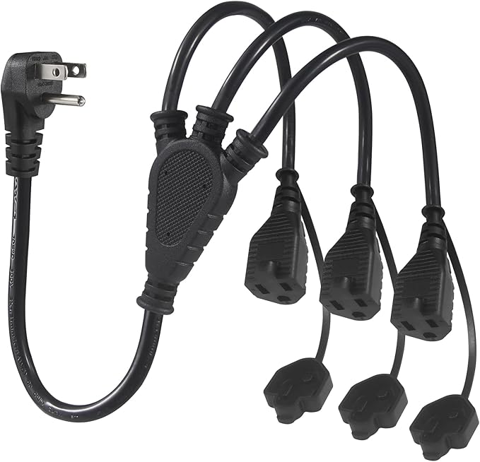 Outdoor 3-Outlet Power Splitter, 90-Degree Flat Plug 1 to 3 Way Outlet Adapter 1.5FT SJTW 16AWG 3-Prong Power Cord Extension Strip with Outlet Cover for Holiday Decoration String Light(2-Pack)
