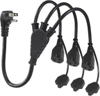 Outdoor 3-Outlet Power Splitter, 90-Degree Flat Plug 1 to 3 Way Outlet Adapter 1.5FT SJTW 16AWG 3-Prong Power Cord Extension Strip with Outlet Cover for Holiday Decoration String Light(2-Pack)