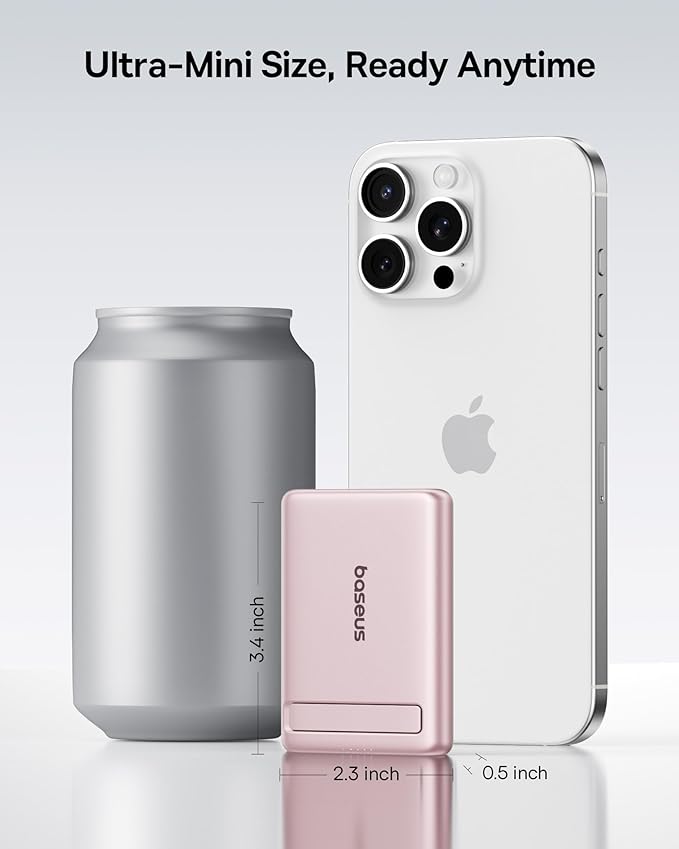 Baseus Picogo Power Bank, Smallest Qi2 Certified 15W MagSafe Portable Charger, 0.5" Ultra Slim 5000mAh Magnetic Battery Pack with Stand, Alloy Wireless Charger for iPhone 17 Pro Max/17 Air/16 Series