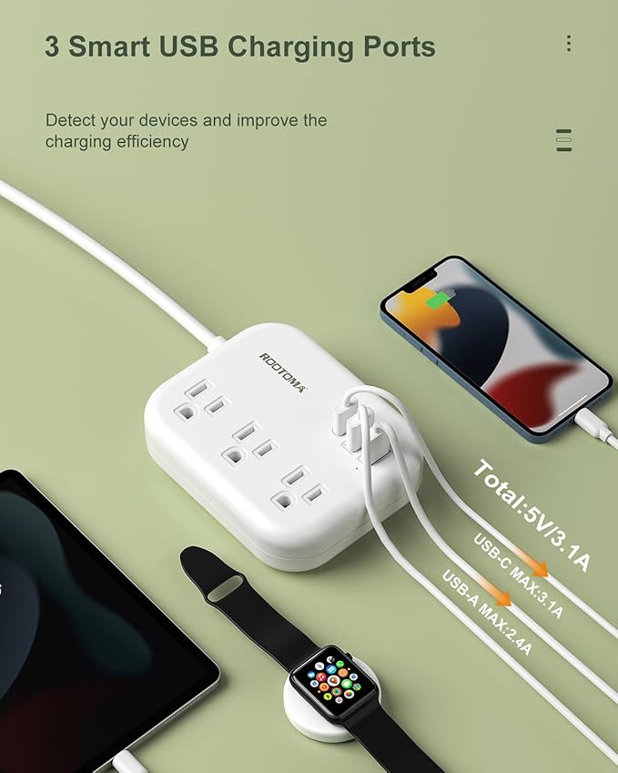 European Travel Plug Adapter with USB C, ROOTOMA Outlet Adapter US to Europe 3 Outlets 3 USB Ports, International Power Strip for EU Spain France Germany Iceland Greece, 3ft, White