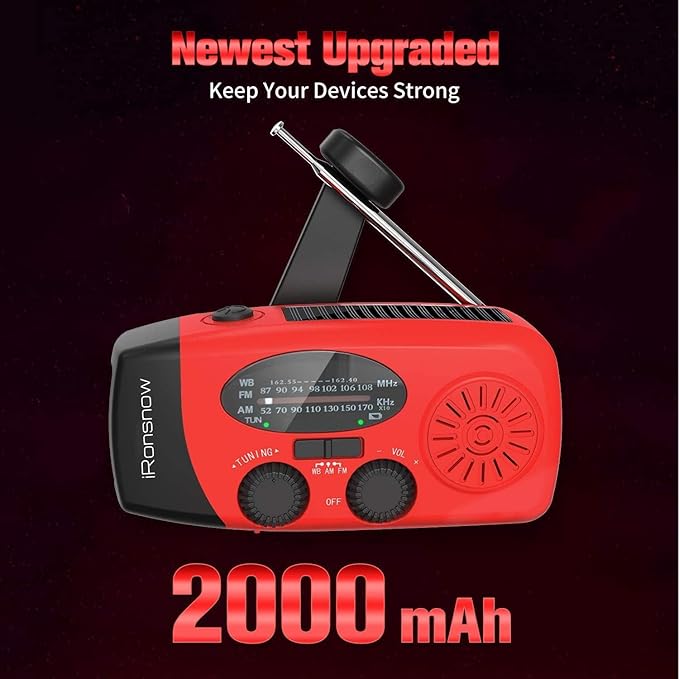 Solar Emergency Hand Crank Weather Radio, Portable Self Powered NOAA AM/FM Radios with SOS Alarm LED Flashlight 2000mAh Smart Phone USB Charger for Camping (Red)