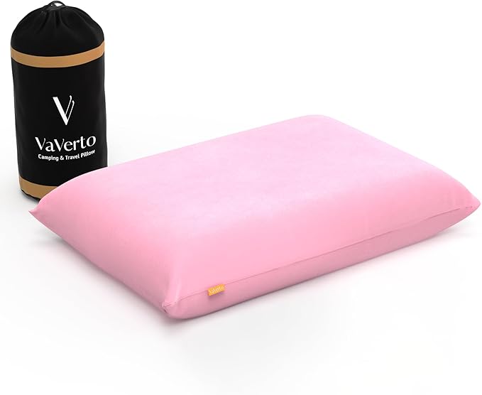 Vaverto Rose Pink Travel and Camping Pillow - Compressible Medium Firm Memory Foam, Viscose Made from Bamboo Cover, Machine Washable, Ideal for Backpacking, Airplane, Car Travel