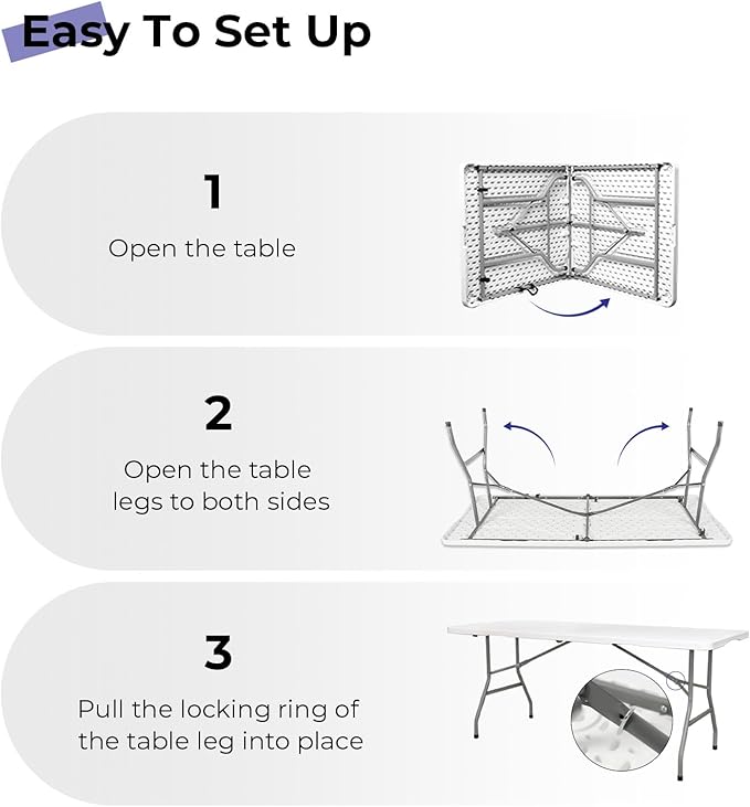 Folding Table 6ft Portable Heavy Duty Plastic Fold-in-Half Utility Foldable Table Plastic Dining Indoor Outdoor for Camping, Picnic and Party, White