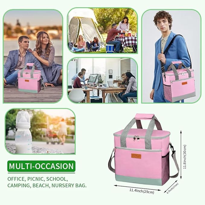 iknoe Large Cooler Bag Collapsible 24 Can Insulated Bags Leakproof Lunch Cooler Tote with Multi-Pockets for Adult Insulated Thermal Bag for Beach, Picnic, Office Work (Pink)