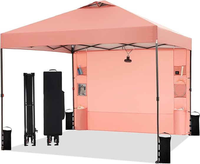 10'x10' Pop Up Canopy Tent with 1 Sidewall and 6 Pockets, One Push Setup, Instant Shade Tent with Vented Roof for Beach Patio Outdoor, Case, 8 Stakes, 4 Ropes, 4 Sandbags (Ocher, 10x10)