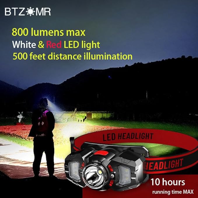 3 Headlamps, White&Red LED Headlamp, 70° Up&Down Adjustable, 4 Clips, Motion Switch, 800 Lumens, 500 Feet Distance and 10 Hours Running Time MAX, IPX5 Waterproof, for Camping, Hiking, Fishing