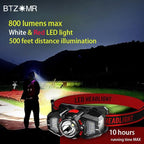 2 Headlamps, White&Red LED Headlamp, 70° Up&Down Adjustable, 4 Clips, Motion Switch, 800 Lumens, 500 Feet Distance and 10 Hours Running Time MAX, IPX5 Waterproof, for Camping, Hiking, Fishing