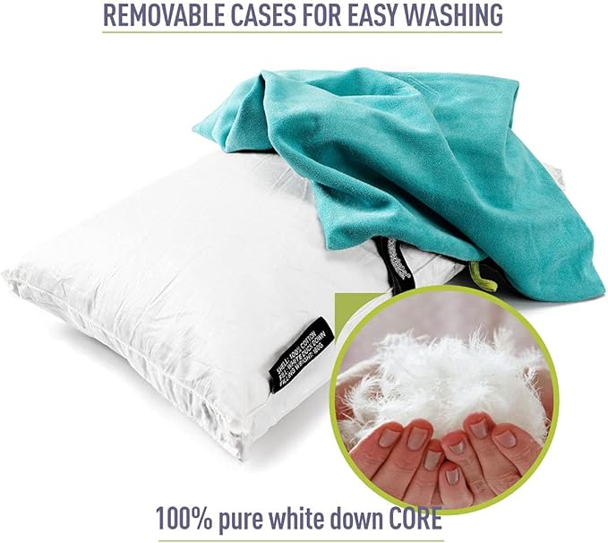 ZOOOBELIVES Down Filled Camping Pillow for Travel, Washable Soft Cover, Small Camp Cushion for Neck & Lumbar Support On-The-Go, Ultralight & Compressible for Hiking Backpacking - AlpliveS2046