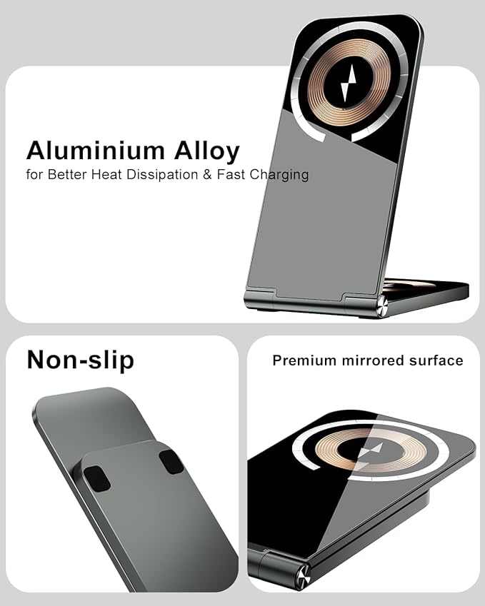 2-in-1 Wireless Charging Station, 15W Fast Mag-Safe Wireless Charger Compatible with iPhone 17 16 15 14 13 12 Pro Max, Foldable Portable Phone Charger Stand with USB-C Cable (No AC Adapter)