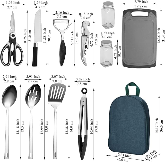 Evanda Camping Kitchen Cooking Utensil Set 10 Piece, Stainless Steel Outdoor Cooking and Grilling Utensil Organizer Travel Set Perfect for Travel, Camping, RVs, BBQs, Picnics, Parties and More
