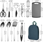 Evanda Camping Kitchen Cooking Utensil Set 10 Piece, Stainless Steel Outdoor Cooking and Grilling Utensil Organizer Travel Set Perfect for Travel, Camping, RVs, BBQs, Picnics, Parties and More