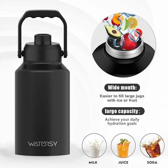 WATERSY 2/3 Gallon Water Bottle Insulated(Cold for 48 Hrs),BPA Free&Leak Proof,87oz Stainless Steel Water Jug/Flask,Big thermo,Large Water Bottle with Handle for Gym,Hiking,Camping,Black