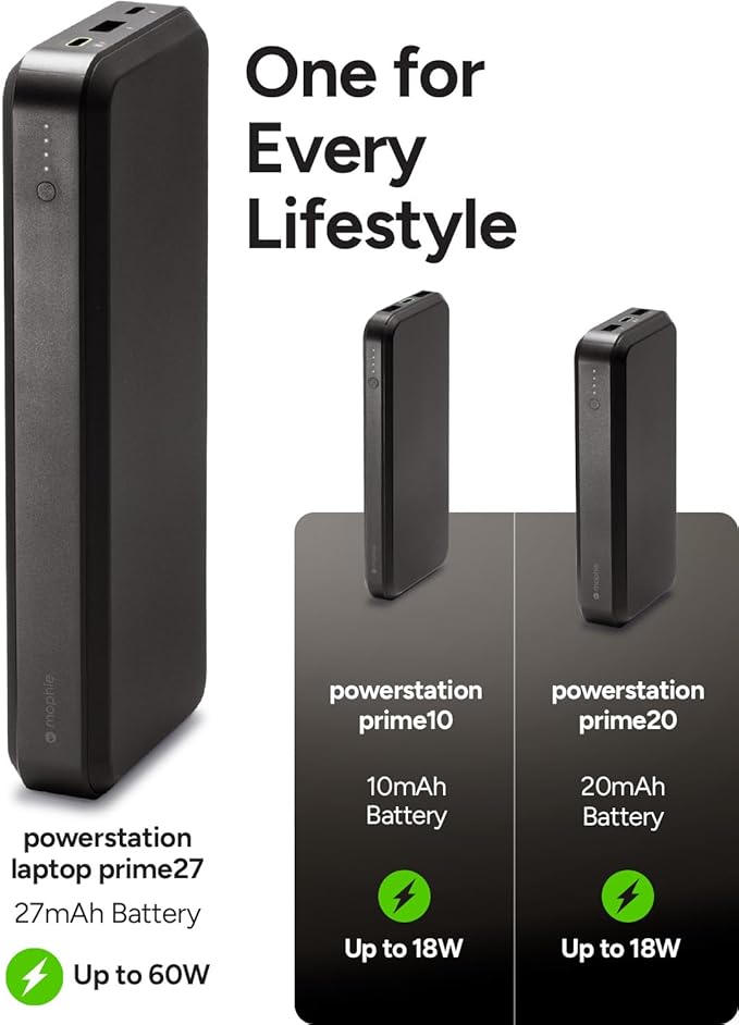 Mophie Powerstation Laptop Prime27-27,000mAh Portable Power Bank with 60W USB-C PD Fast Charging, Multi-Device, LED Indicator, Eco-Friendly, Type-A, USB-C Compatible