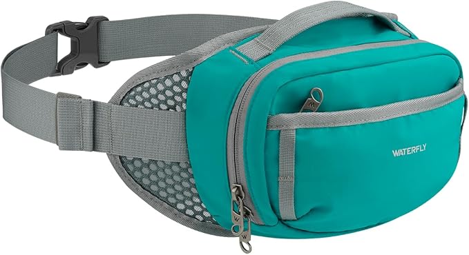 WATERFLY Fanny Pack Waist Bag: Large RFID Blocking Crossbody Bags with Multi-Pockets, Breathable Casual Anti-Theft Hip Pouch for Women Men Traveling Walking Hiking-Cyan