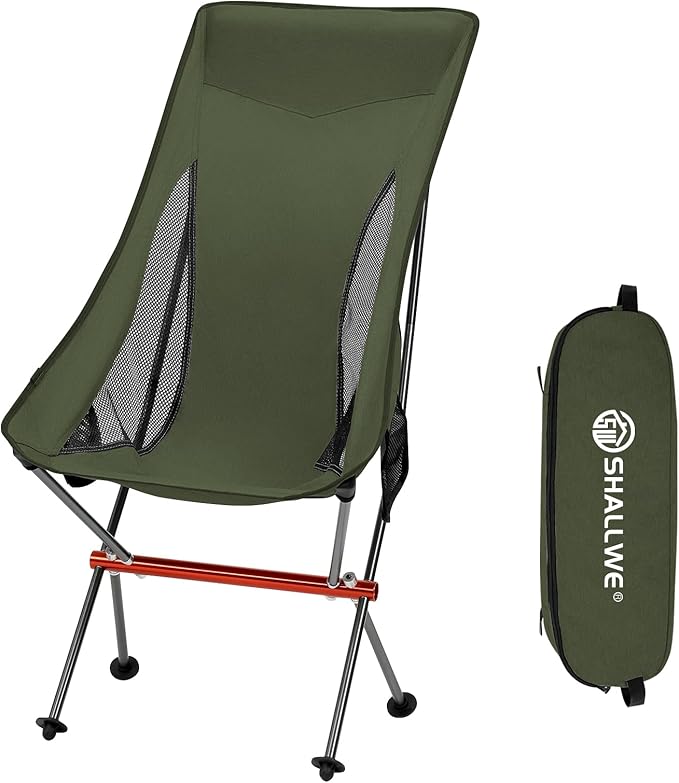 SHALLWE Camping Chairs, All Aluminum Frame Portable Folding Camp Chair for Adults, Heavy Duty High Back Collapsible with Built-in Pillow, Side Pocket, Carry Bag for Backpacking, Hiking, Beach