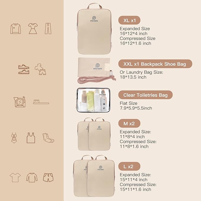 Lightweight Compression Packing Cubes for Suitcases, Compressible Expandable Travel Packing Organizer with Clear Toiletries and Backpack Bag, Travel Essentials for Carry on Luggage 7 Set