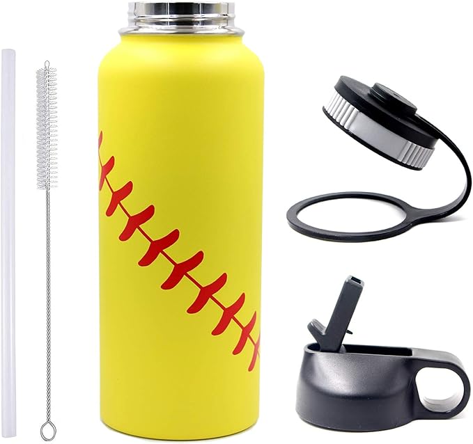 40 oz Softball Water Bottle, Sports Cup Flask Metal Travel Mug with 2 Lids, Stainless Steel Double Wall Vacuum Leak Proof Insulated Water Jug, Softball Accessories Stuff Gifts for Mom Men Boys Girls