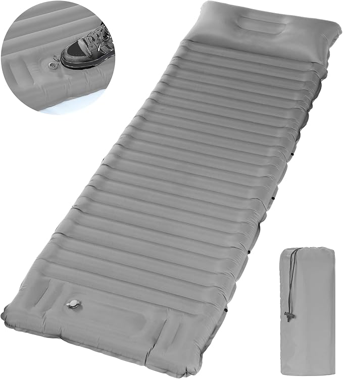 40D Self-Inflating Camping Pad, Insulated Ultralight Sleeping Mat for Backpacking, Winter Camping, 2-Layer Anti-Leak Design w/Built-in Pillow, Foot Pump Foldable Pad, Grey