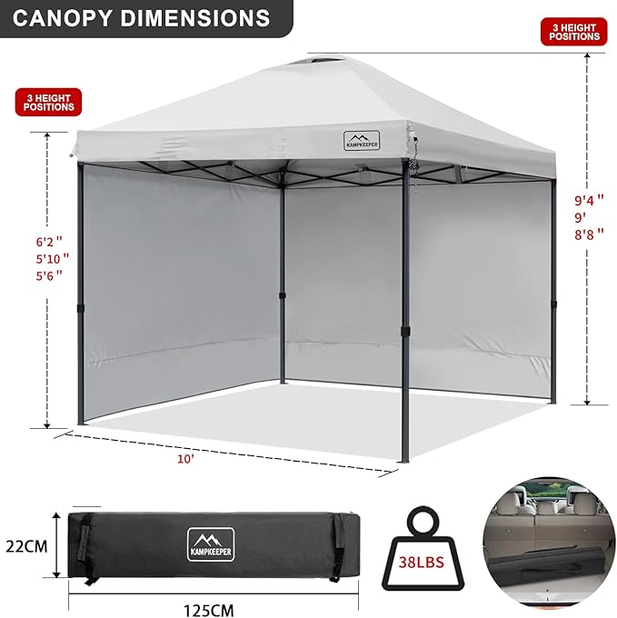 KAMPKEEPER 10x10 Pop Up Canopy Tent with 2 Sidewalls, Beach Tent - Easy Outdoor Sun Shade for Events, Parties, Camping - Gazebo with 4 Weight Bags & Carry Bag.（White）