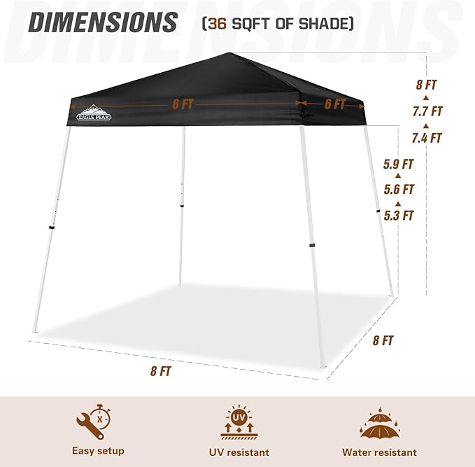 EAGLE PEAK 8x8 Slant Leg Pop-up Canopy Tent Easy One Person Setup Instant Outdoor Beach Canopy Folding Portable Sports Shelter 8x8 Base 6x6 Top (Black)