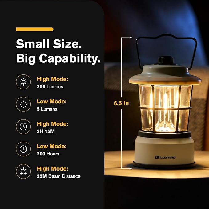 LUXPRO Retro LED Lantern - Battery-Powered Emergency Lantern - Water Resistant - Bright LED Lamp for Indoor & Outdoor Use - Use for Tents, Hiking or Hurricane Prep (Beige, Pack of 1)