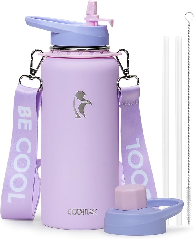 Coolflask Water Bottle with Straw, 32 oz Insulated Metal Water Flask with Straw & Spout Lids, Stainless Steel Double Wall Vacuum, Keep Cold 48h Hot 24h, Leak Proof & Non-BPA, Lavender
