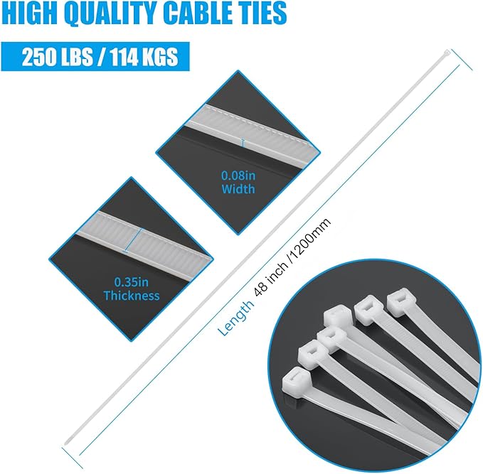 Armpow 48 inch White Zip Ties Heavy Duty 20PCS, 200LBS Ultra Exclusive Strong Plastic Wire Ties, Large Cable Ties Extra Long Tie Wraps, Indoor and Outdoor UV Resistant