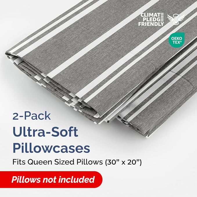 Queen Pillow Cases Set of 2 - Ultra Soft Hotel Quality Pillowcase Covers - Comfy Cozy Bedding for Women, Men, Kids & Teens - Machine Washable Pillow Protectors - 2 Pieces Set - Queen Size Grey Stripes