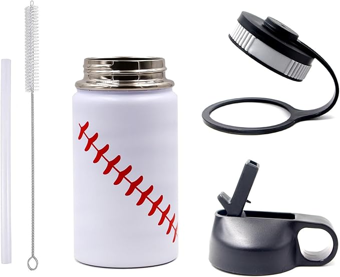 12 oz Baseball Water Bottle, Sports Cup Flask Metal Travel Mug with 2 Lids, Stainless Steel Double Wall Vacuum Leak Proof Insulated Water Bottles, Baseball Accessories Gifts for Boys Girls 8-12 Player