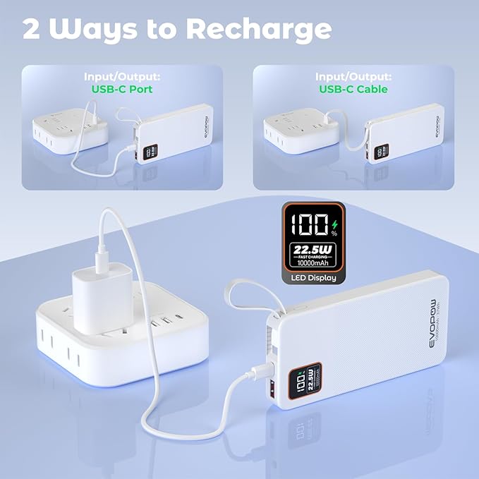 Portable Charger Power Bank, 10000mAh 22.5W Super Fast Charging Powerbank with Built-in USB C in&Out Cable, Slim External Battery Pack for iPhone 16/15/14/13/12/11 iPad Samsung S24 S23 Android etc
