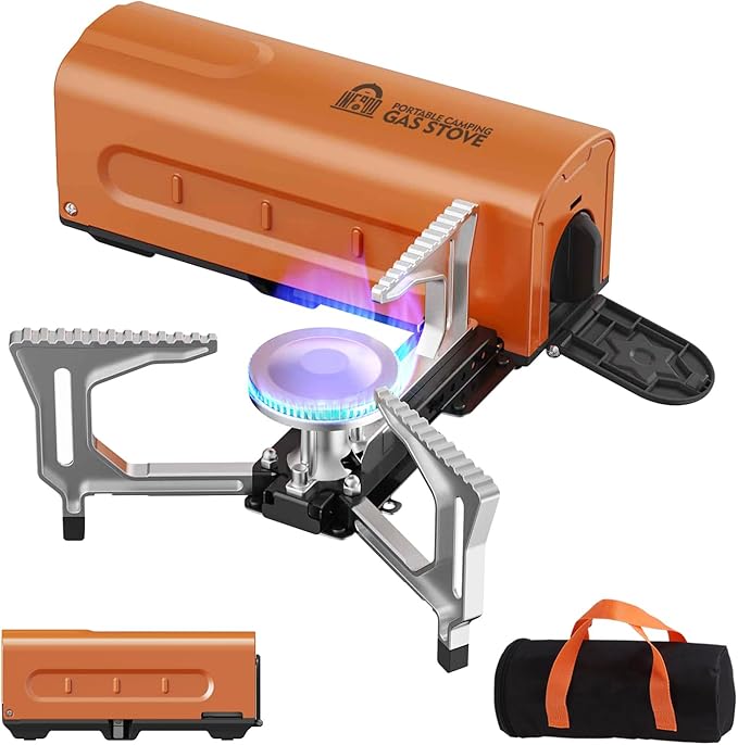 Portable Butane Gas Camping Stove - 7500 BTU Compact Folding Design with Carry Bag for Backpacking, RV Trips, Picnic & Outdoor Indoor Cooking, Orange