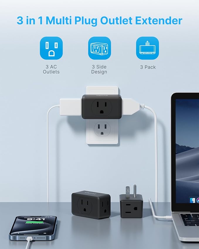 Multi Plug Wall Outlet Extender 3 Pack, VINTAR Electrical Multiple Outlet Splitter, 3 Way Plug Adapter, Small Wall Expander for Home Office Dorm Cruise Ship Travel Essentials